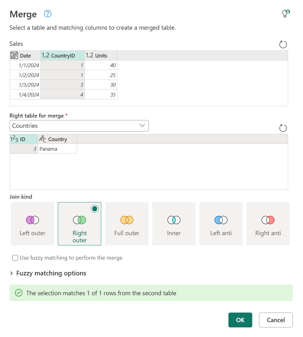 Cuadro de diálogo Combinar que muestra los resultados de seguir el procedimiento de combinación externa derecha anterior.