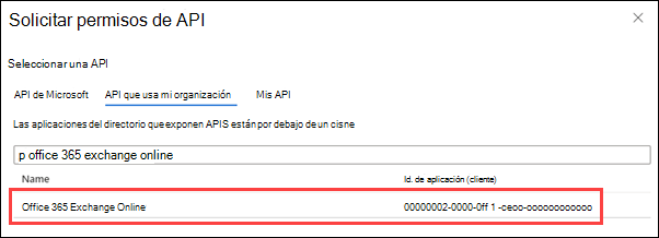 Busque y seleccione Office 365 Exchange Online en la pestaña API que usa mi organización.