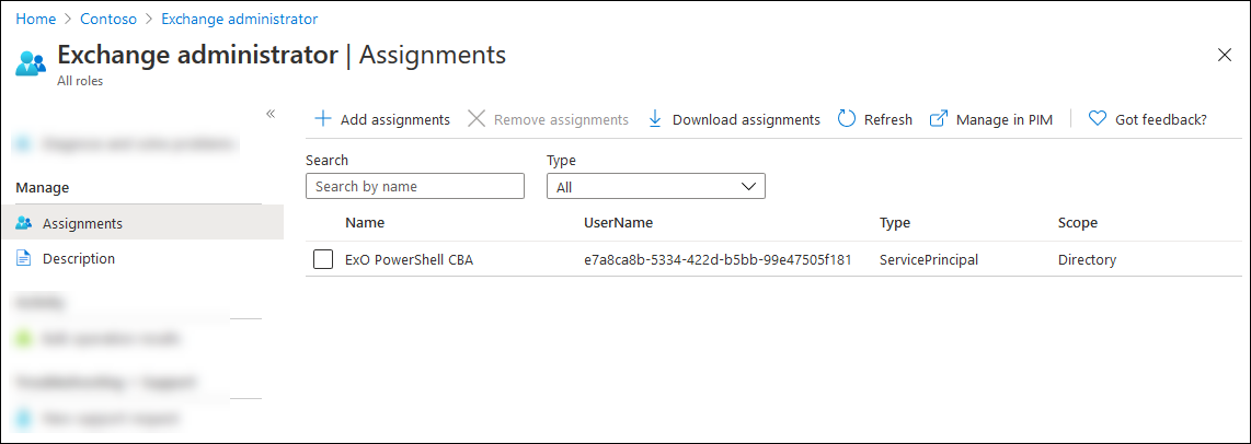 Página de asignaciones de roles después de agregar la aplicación al rol para Exchange Online PowerShell.