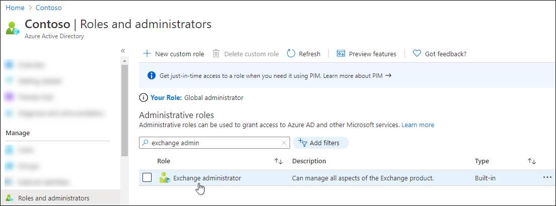 Para buscar y seleccionar un rol de PowerShell de Exchange Online compatible, haga clic en el nombre del rol.