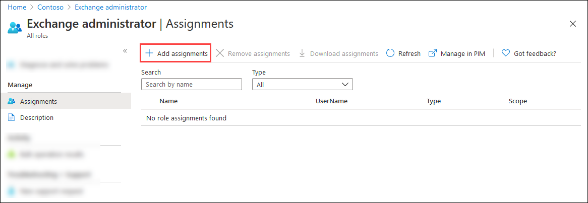 Seleccione Agregar asignaciones en la página de asignaciones de roles para Exchange Online PowerShell.