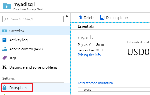 Captura de pantalla de la ventana de la cuenta de almacenamiento de Data Lake Storage Gen1, con Cifrado resaltado