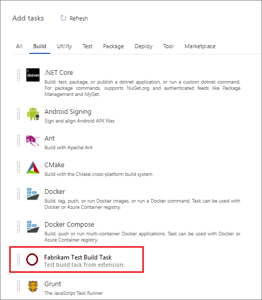 Screenshot of Build task catalog for extensions in Azure DevOps.
