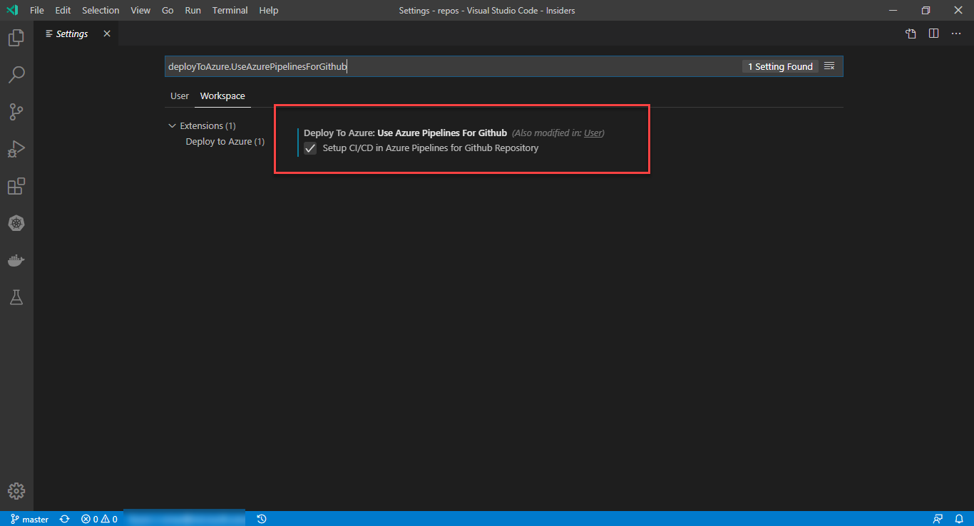 Search for and enable deployToAzure.UseAzurePipelinesForGithub.