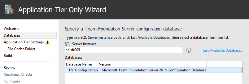 Screenshot of Advanced, Database page in the application tier only configuration wizard.