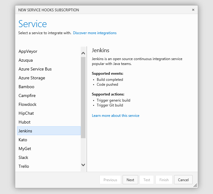 Select target service dialog box, Jenkins selected