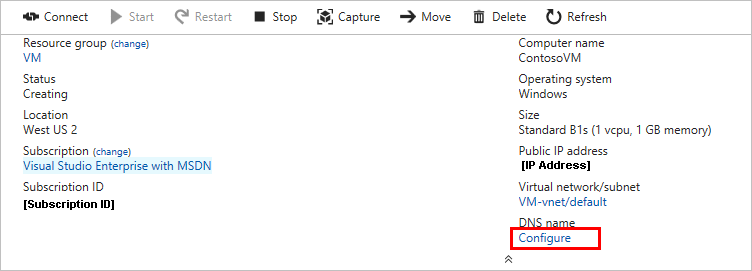 Configuración del nombre DNS de la máquina virtual