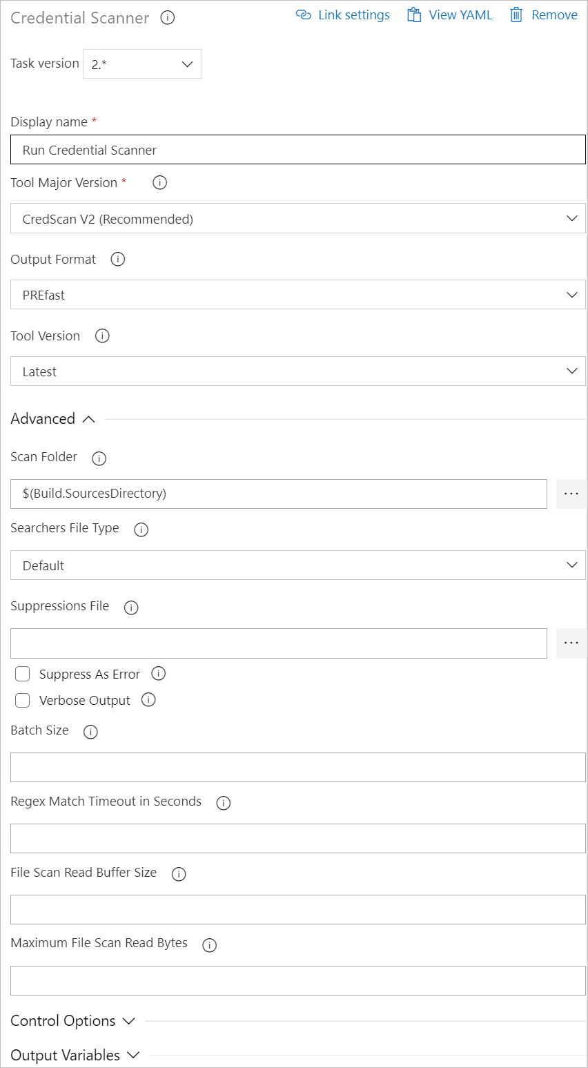 Configuración de la tarea de compilación de Credential Scanner