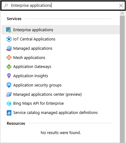 Captura de pantalla de la búsqueda de aplicaciones empresariales en Azure Portal