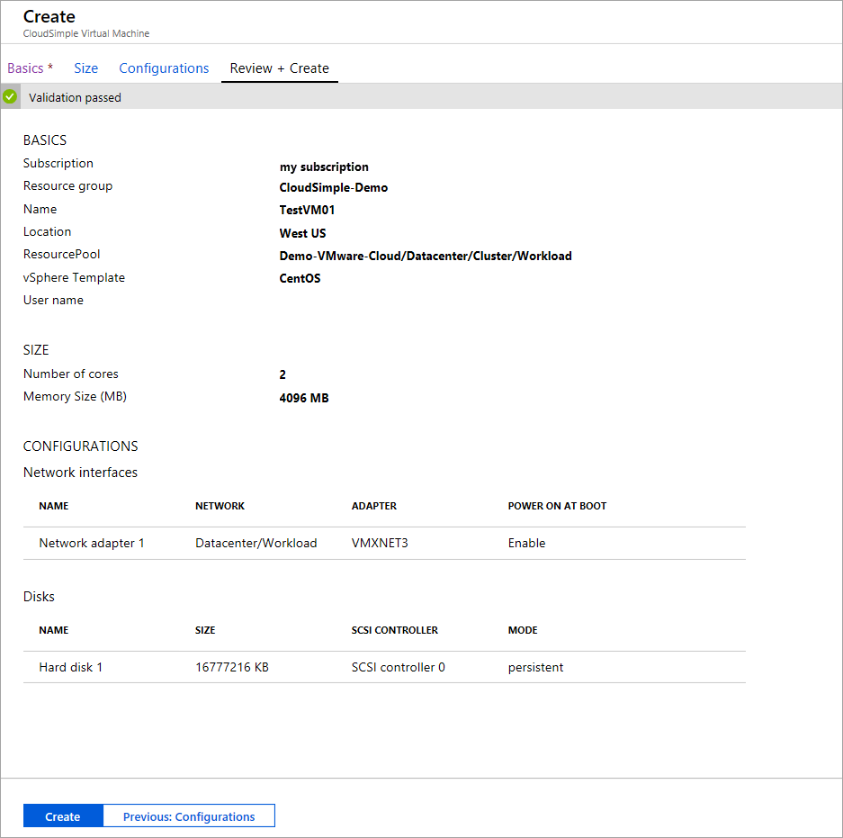 Creación de una máquina virtual de CloudSimple: Revisión