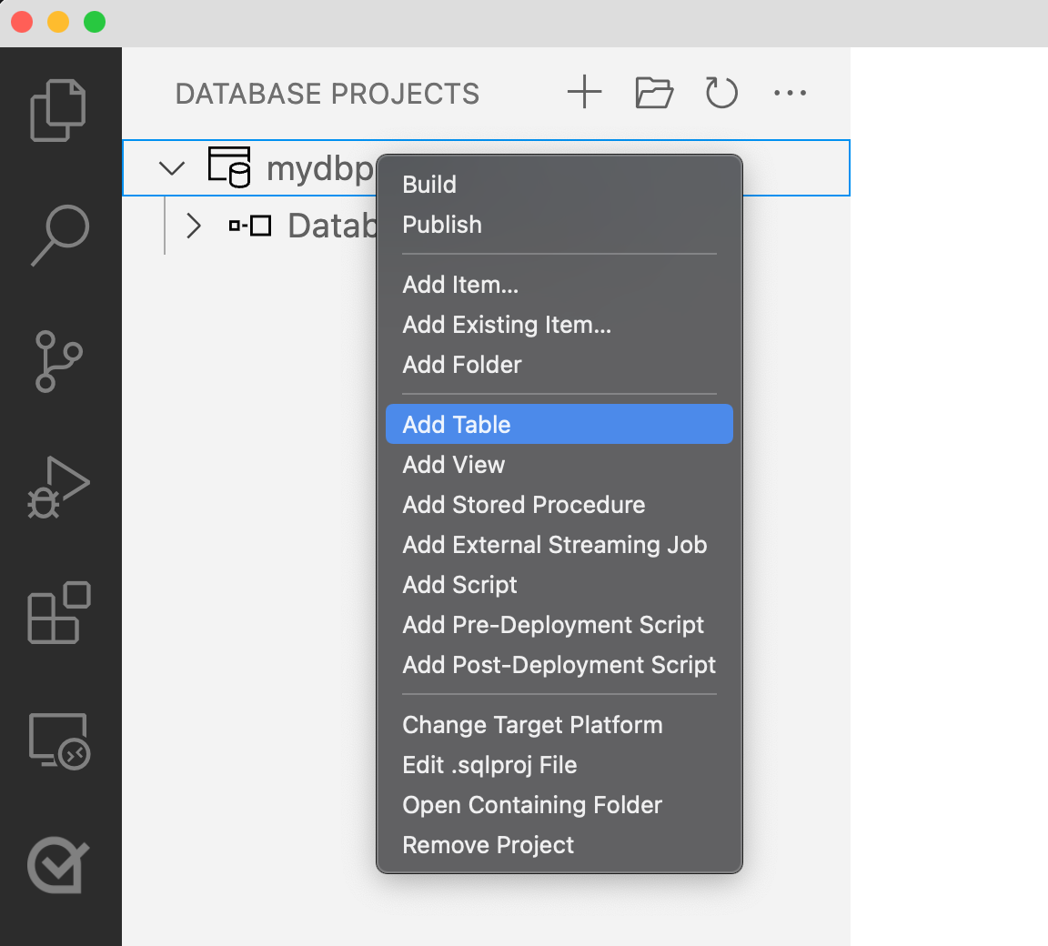 Captura de pantalla de la agregación de una tabla del menú de Proyectos de base de datos en Visual Studio Code.