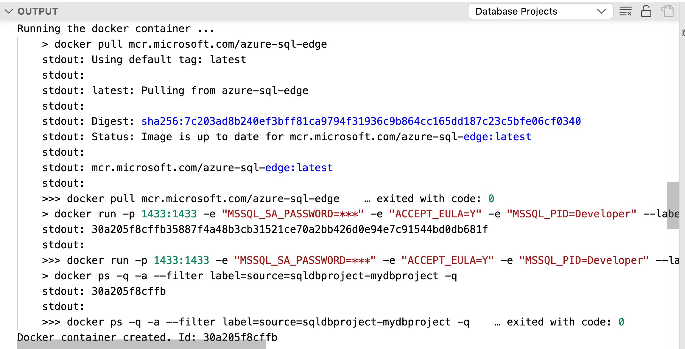 Captura de pantalla de la administración de un emulador de Azure SQL Database mediante la CLI.