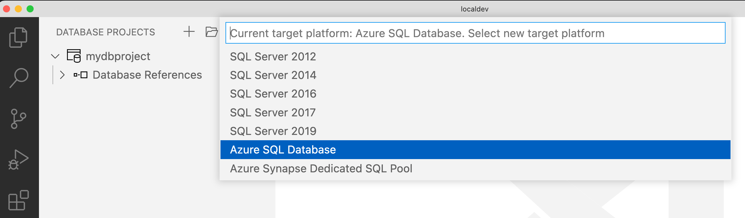 Captura de pantalla de la selección de Azure SQL Database como destino para un Proyecto de base de datos.