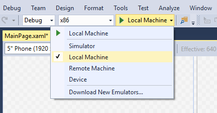 Screenshot showing the drop-down box open next to the Play button with 'Local Machine' selected.