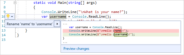 Screenshot that shows the Rename action in Visual Studio.