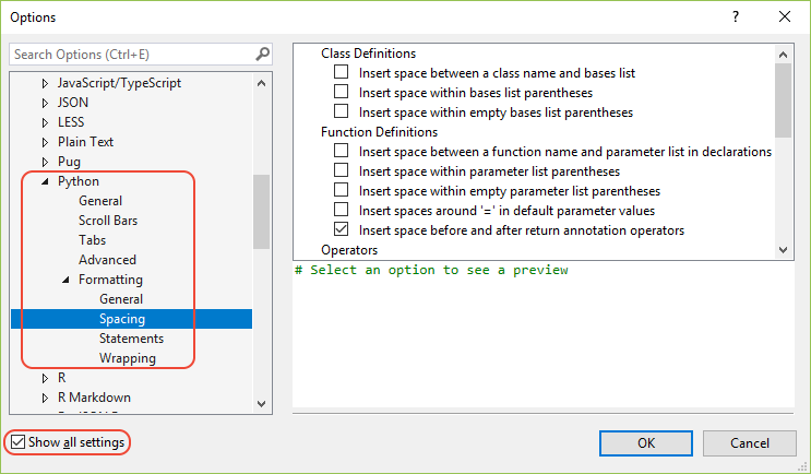 Python formatting options in Visual Studio