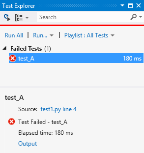 Unit testing showing a failed test status