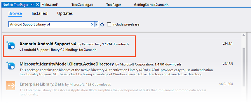 Captura de pantalla de Compatibilidad con NuGet v4 seleccionada en el administrador de paquetes NuGet