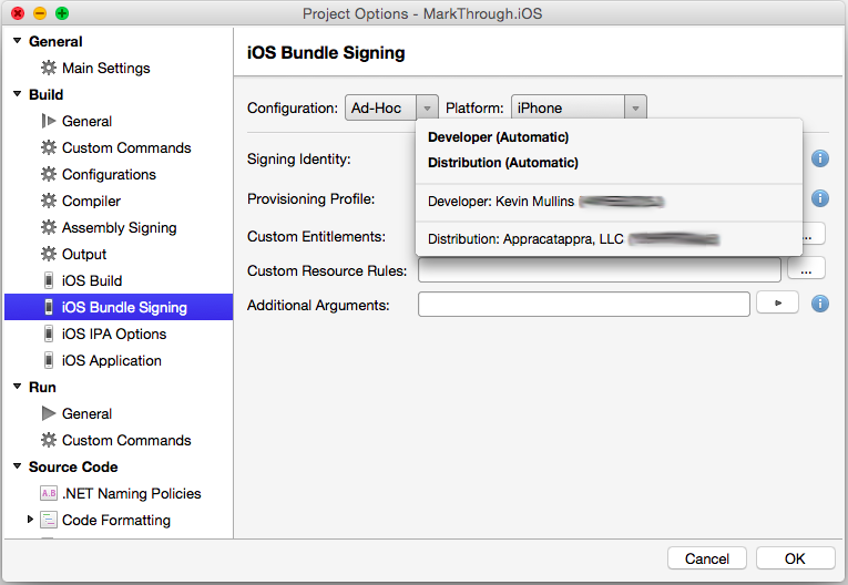 Select the Signing Identity and Distribution Profiles