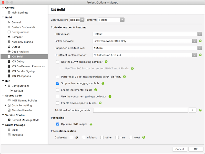 Configuración de compilación de iOS