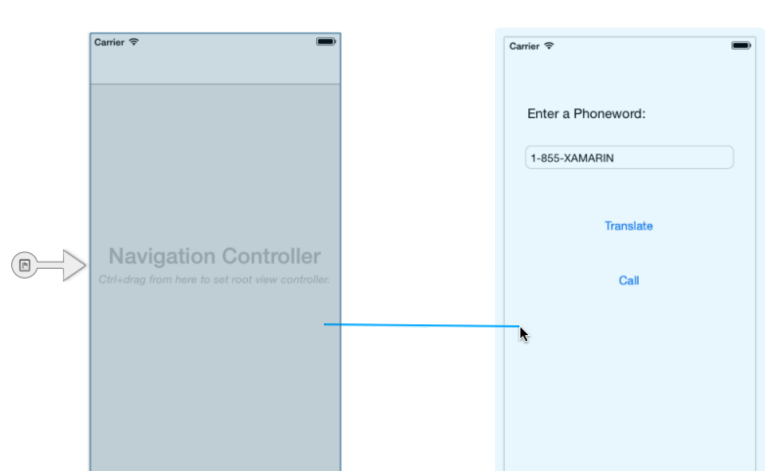 Arrastre desde el controlador de navegación a la escena de Phoneword y suelte