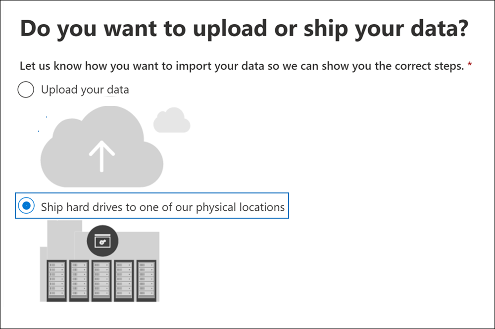 Envíe unidades de disco duro a una de nuestras ubicaciones físicas para crear un trabajo de importación de envío de unidades.