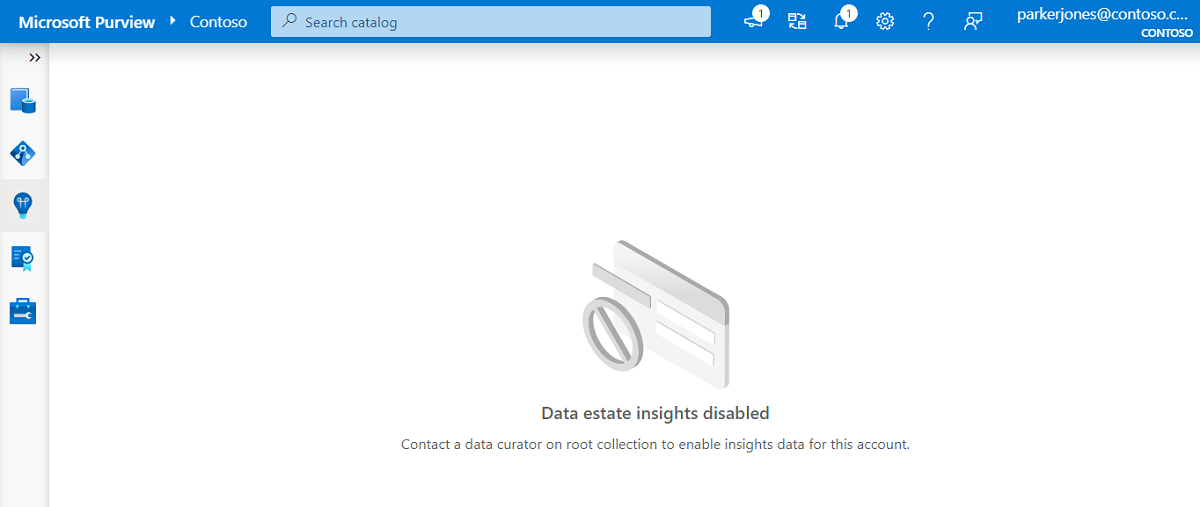 Captura de pantalla de la sección Data Estate Insights con Data Estate Insights deshabilitado, sin informes y un mensaje para ponerse en contacto con el conservador de datos para restablecer los informes.