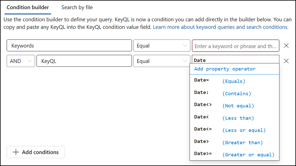 El editor de KeyQL sugiere operadores