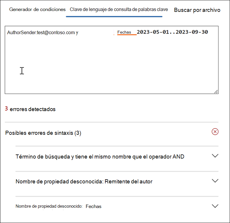 Detección de errores del editor de KeyQL