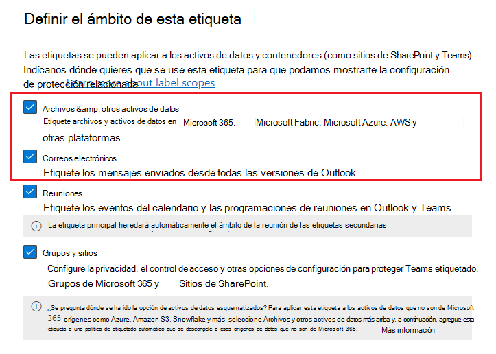 Opciones de ámbito de etiqueta de confidencialidad para elementos que incluyen archivos y Email.