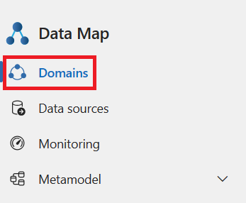 Captura de pantalla del menú de Mapa de datos de Microsoft Purview solución con dominios seleccionados.