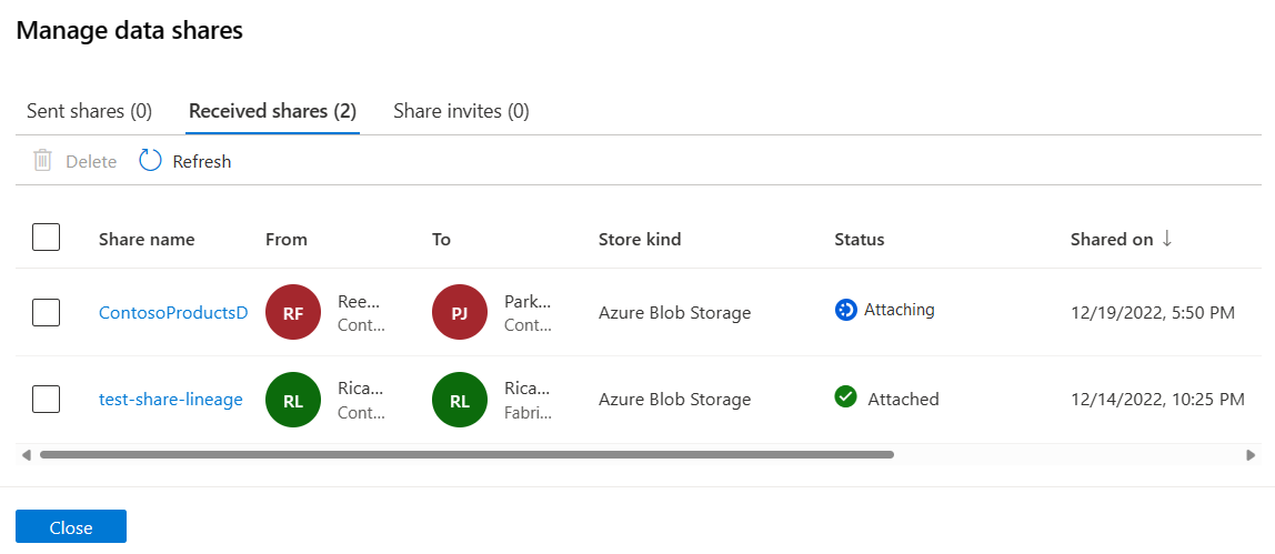 Captura de pantalla que muestra la ventana adjuntar recurso compartido, con el botón Adjuntar resaltado después de especificar un almacén de datos de destino para recibir o acceder a datos compartidos.