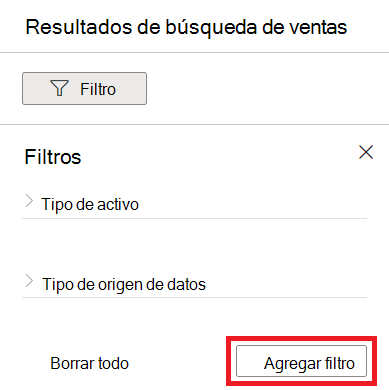 Captura de pantalla que muestra el menú de filtro con el botón Agregar filtro seleccionado.