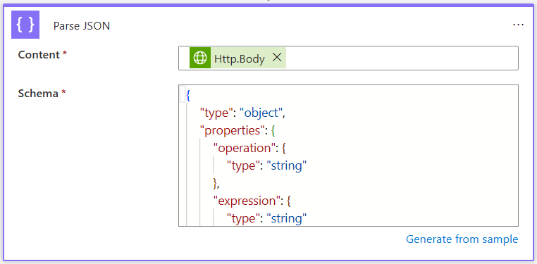 Captura de pantalla de la acción JSON de análisis de flujos de trabajo, en la que se muestran sus parámetros rellenados con datos de ejemplo.