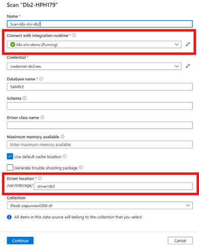 Captura de pantalla de la ventana de configuración del examen, en la que se muestra la ubicación del controlador que aparece como driver/db2.