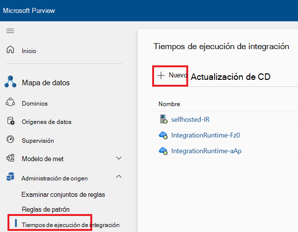 Captura de pantalla de la ventana de entornos de ejecución de integración en el Mapa de datos de Microsoft Purview.