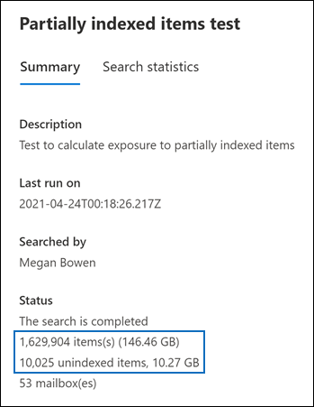 Ejemplo de estadísticas de búsqueda que muestran elementos parcialmente indexados.