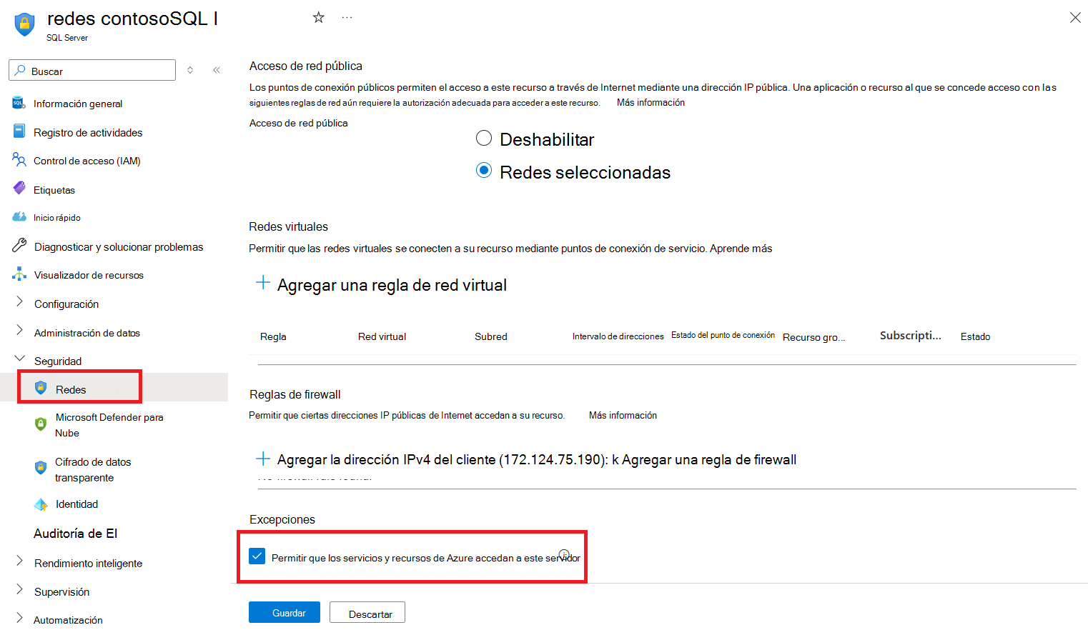 Captura de pantalla que muestra las selecciones de la Azure Portal para permitir conexiones de Azure a un servidor.