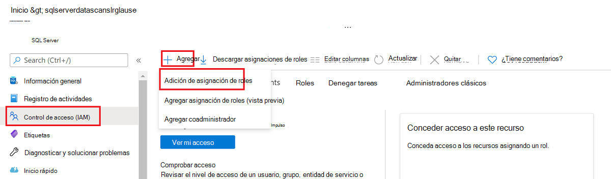 Captura de pantalla que muestra las selecciones para agregar una asignación de roles para el control de acceso.