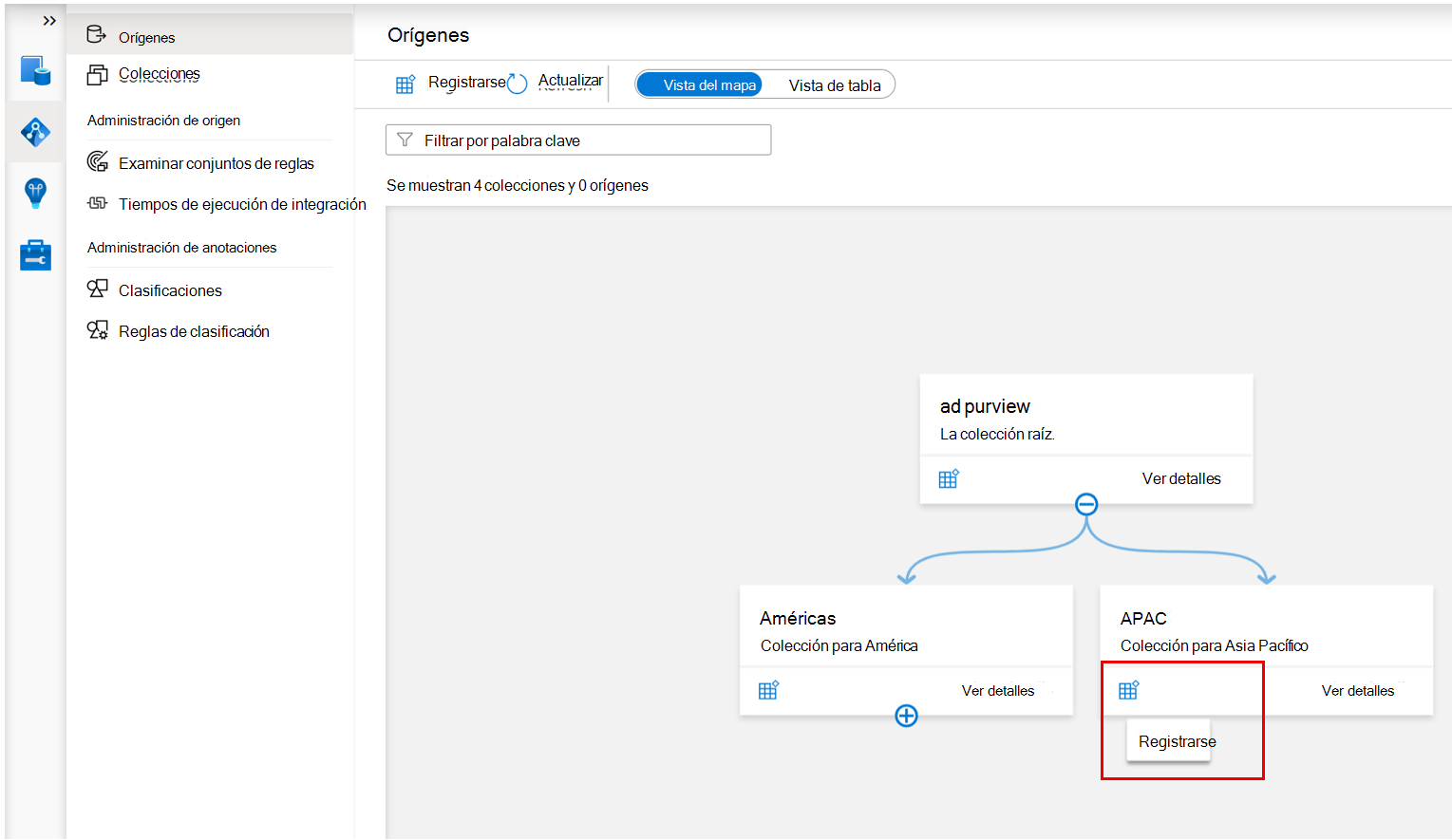 Captura de pantalla que muestra la colección usada para registrar el origen de datos.