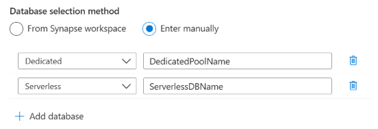 Captura de pantalla de la selección para escribir manualmente los nombres de base de datos al configurar un examen.