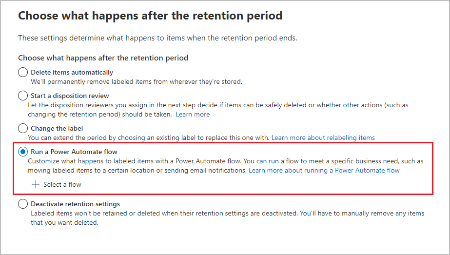 Configuración de una etiqueta de retención para ejecutar un flujo de Power Automate después de que expire el período de retención.