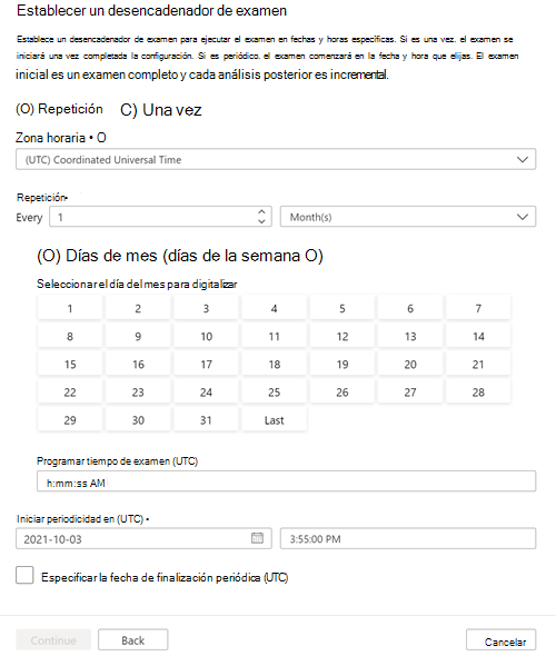 Captura de pantalla de la página establecer un desencadenador de examen que muestra una programación mensual periódica.