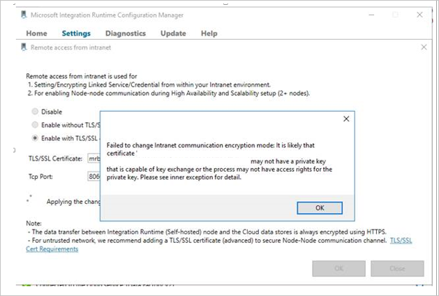 Captura de pantalla del panel Configuración de Integration Runtime Configuration Manager, que muestra un &cociente; falta&el cociente de clave privada; mensaje de error.