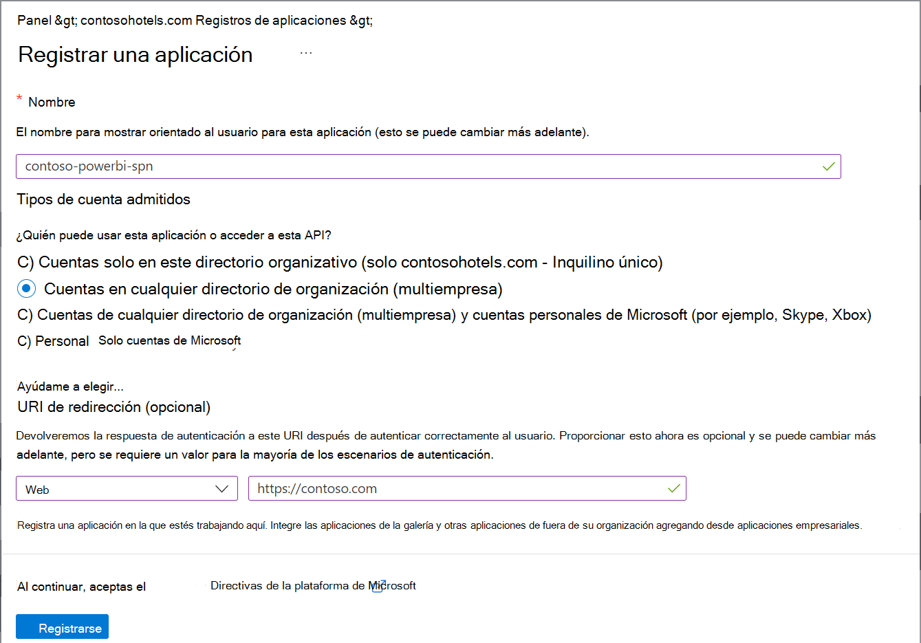 Captura de pantalla de cómo crear la aplicación en Microsoft Entra ID para varios inquilinos.