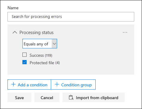 Use la condición de estado de procesamiento para buscar documentos de error.