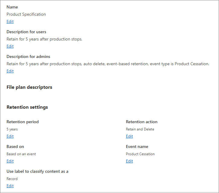 Configuración de retención para la etiqueta Especificaciones del producto.