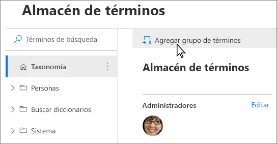 Captura de pantalla del panel de navegación en la Herramienta de administración del almacén de términos, en la que se muestra el elemento de menú Nuevo grupo