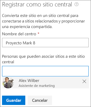 Captura de pantalla del cuadro de diálogo registro del sitio del concentrador en el centro de administración de SharePoint