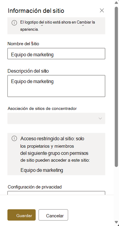 captura de pantalla de la página de información del sitio para el control de acceso restringido.